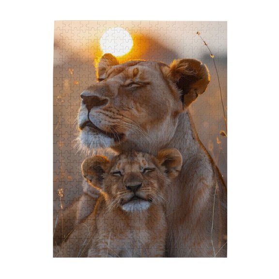 1000-Piece Wooden Jigsaw Puzzle for Adults - Lioness And Cub Sunset , Interlocking Pieces with Guide Letters, Holiday Gift & Home Decor