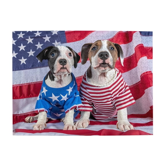 1000-Piece Wooden Jigsaw Puzzle for Adults - Patriotic Pups American Flag , Interlocking Pieces with Guide Letters, Holiday Gift & Home Decor