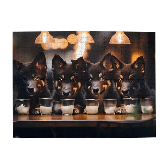 1000-Piece Wooden Jigsaw Puzzle for Adults - Puppies Milk Glasses Table Lights , Interlocking Pieces with Guide Letters, Holiday Gift & Home Decor