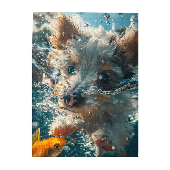 1000-Piece Wooden Jigsaw Puzzle for Adults - Puppy Underwater Fish Bubbles , Interlocking Pieces with Guide Letters, Holiday Gift & Home Decor