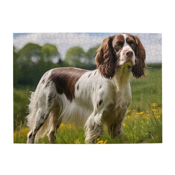 1000-Piece Wooden Jigsaw Puzzle for Adults - Spaniel Grass Flowers , Interlocking Pieces with Guide Letters, Holiday Gift & Home Decor