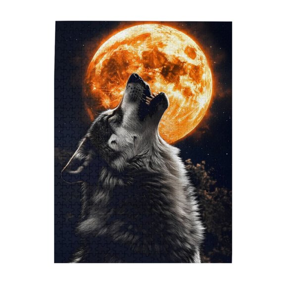 1000-Piece Wooden Jigsaw Puzzle for Adults - Wolf Howl Moon Night Sky Stars , Interlocking Pieces with Guide Letters, Holiday Gift & Home Decor