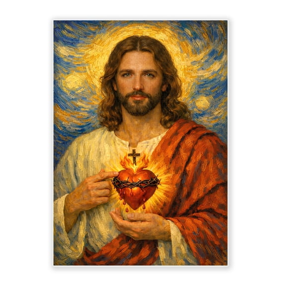 1000 Piece Wooden Puzzle for Adults, Jesus Sacred Heart Van Gogh Style Christian Art, High Difficulty Intellectual Challenge, Home Wall Decoration, Eco Friendly, 29.5x19.7 Inches