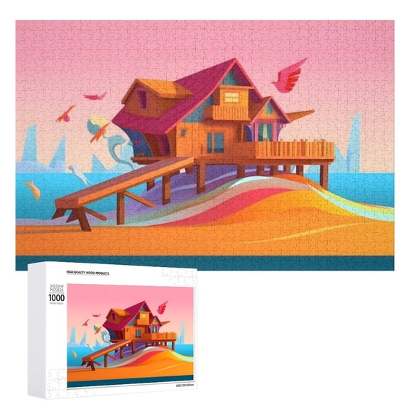 1000-Piece Wooden Puzzle, Seaside House Theme, Fun & Challenging for Adults, Family Games & Dcor Piece