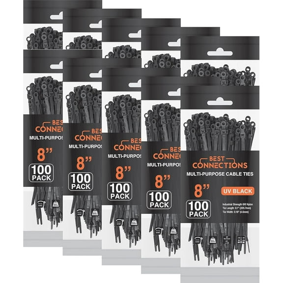 1000 Pieces 8" Screw Down Nylon Cable Zip Ties Mounting Hole 50 Lbs Test Black