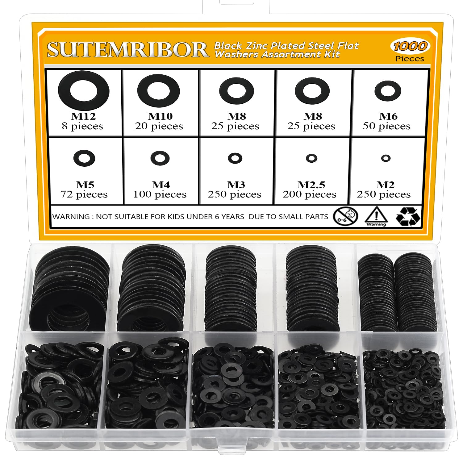 1000 Pieces 9 Sizes Black Zinc Plated Steel Flat Washers for Screws ...