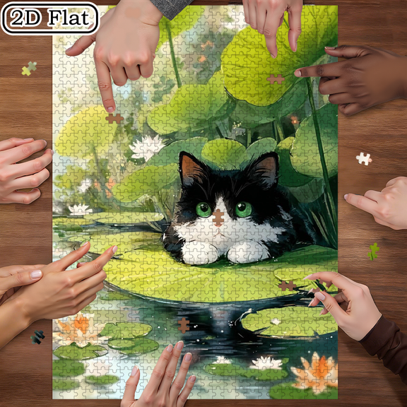 1000 Pieces Cat Lotus Leaf Jigsaw Puzzle, 19.6x29.4 Inch Vertical Brain Teaser Game, DIY Family Interactive Activity, Home Decor for Kids Adults Birthday Halloween Holiday Gift