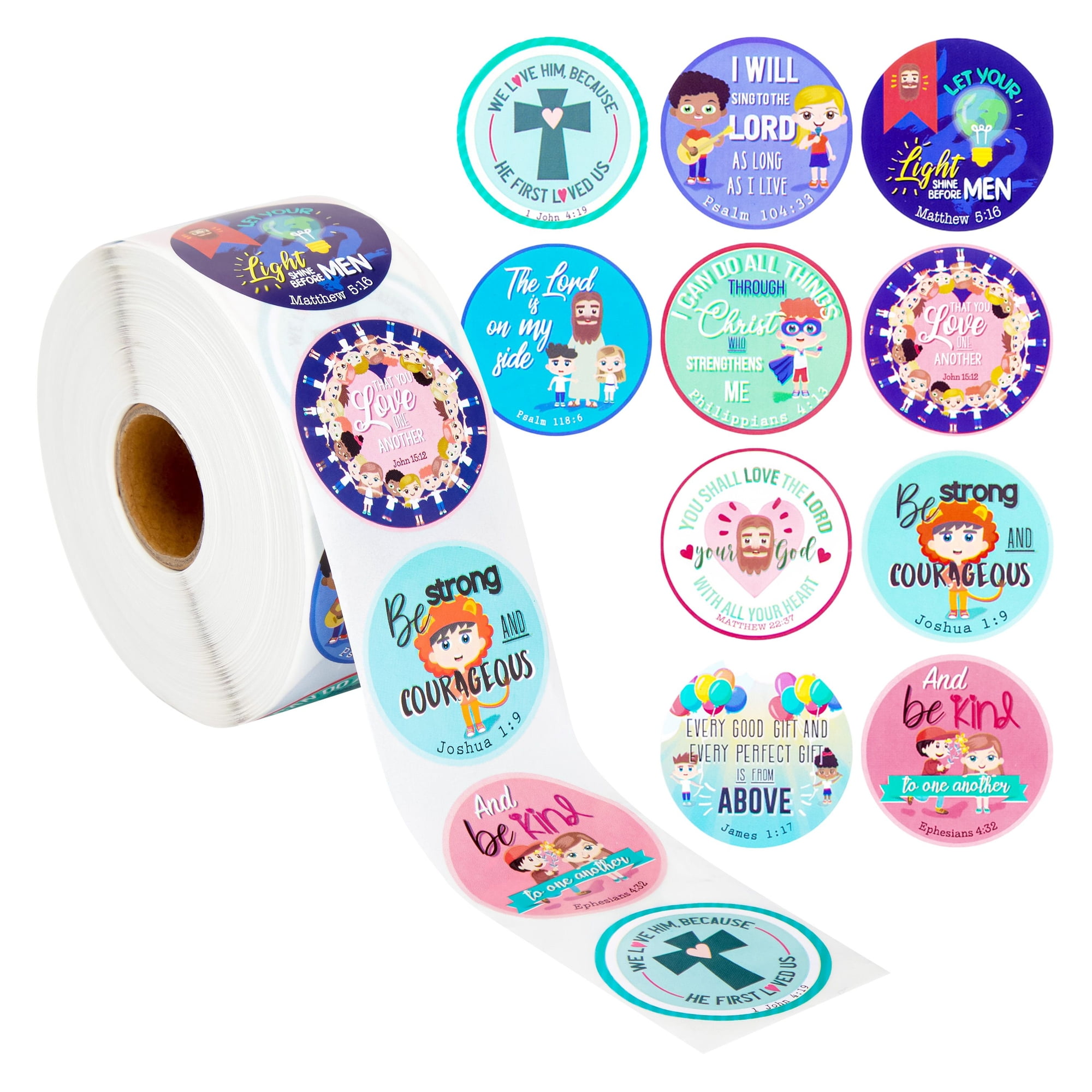 JUVALE 1000 Pieces Christian Stickers, Bible Verse Cute Stickers for Kids, Easter, School, Religious Sticker Roll, 10 Designs, James 1:17, Psalm 104:33, Ephesians 4:32 (1.5 In)