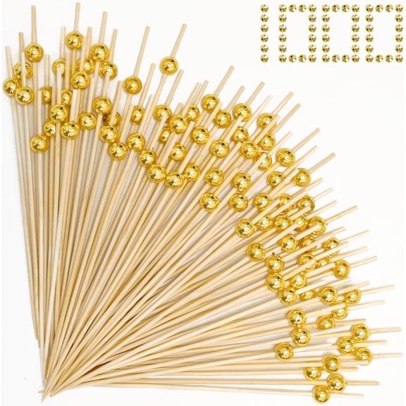 1000 Pieces Cocktail Picks Fancy Toothpicks for Appetizers 4.7 Inch Bamboo Cocktail Sticks Appetizer Skewers for Drinks, Fruit, Charcuterie, Wedding Food Party, Gold