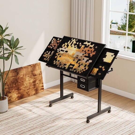 1000 Pieces Jigsaw Puzzle Metal Table with 4 Storage Trays and 2 Drawers,Puzzle Table with Adjustable Height and Angle,Portable Table with Desktop and Cover,4 Universal Wheels,for Adults Gift,Black