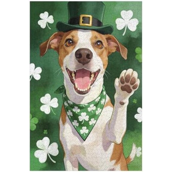 1000 Pieces Jigsaw Puzzles for Adults St Patricks Day Fawn and White Short-Haired Dog Shamrock Art, Irish Holiday Puzzle for Calm Focus, Soft Tone Puzzle