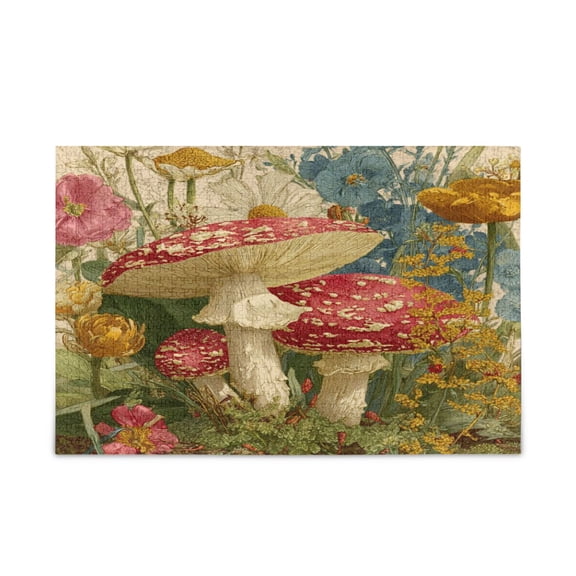1000 Pieces Jigsaw Puzzles Storage Bag & Guide Red Mushrooms with Flowers Puzzle for 15+