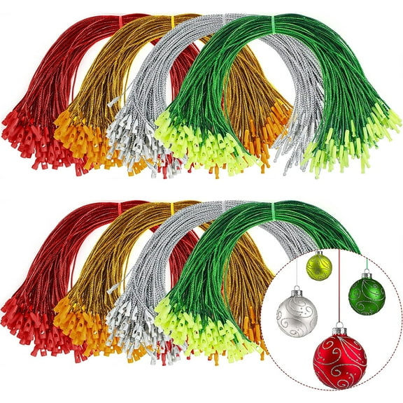 1000 Pieces Ornament Precut Cord Hangers with Snap Fastener Polyester Precut Hanging Ropes for Christmas Tree Holiday Party Hanging Decoration Strings (Gold, Silver, Red, Green)
