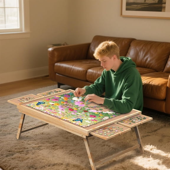 1000 Pieces Puzzle Table, Portable Jigsaw Puzzle Board for Adults with 4 Drawers and Cover, Natural