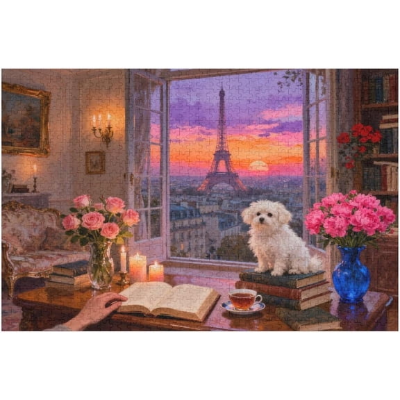 1000 Pieces Puzzles for Adults,Eiffel Tower Dusk Reading Scene Puzzles,Large Piece Puzzle for Seniors,Cute Puppy Jigsaw Puzzles for Women Ages 8-10,Challenging Family Games, 30 X 20 in