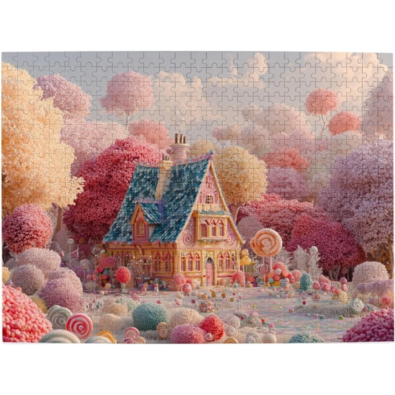 1000 Pieces Wooden Jigsaw Puzzle Adults Candy Forest Cottage Whimsical Fantasy House with Lollipops and Cotton Candy Trees Stress Relief Brain Teaser Home Decor Unique Gift Adults Fantasy Lovers