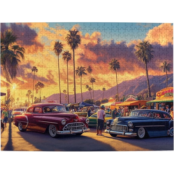 1000 Pieces Wooden Jigsaw Puzzle Adults Classic Car Show Sunset Drive with Vintage Cars and Palm Trees Retro West Coast Vibes Stress Relief Brain Teaser Home Decor Unique Gift Adults Car Lovers