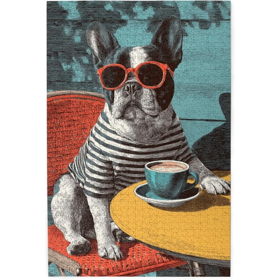 1000 Pieces Wooden Jigsaw Puzzle for Adults Coffee French Bulldog in Sunglasses Retro Comic Style Dog Illustration Stress Relief Brain Teaser Home Decor Unique Gift for Adults French Bulldog Lovers