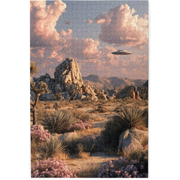 1000 Pieces Wooden Jigsaw Puzzle for Adults Desert UFO Encounter Surreal Sci-Fi Scene with Pink Sunset and Alien Vibes Stress Relief Brain Teaser Home Decor Unique Gift for Adults Sci-Fi Lovers