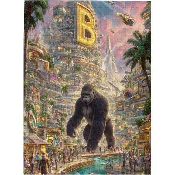1000 Pieces Wooden Jigsaw Puzzle for Adults Futuristic Jungle King Epic Gorilla in Sci-Fi Megacity with Flying Ships Stress Relief Brain Teaser Home Decor Unique Gift for Adults Sci-Fi Lovers