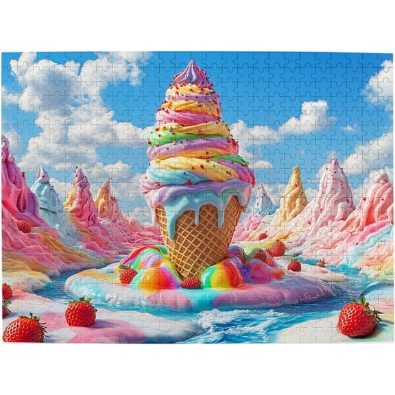 1000 Pieces Wooden Jigsaw Puzzle Adults Ice Cream Rainbow Fantasy Dessert Land with Waffle Cone and Sprinkles Colorful Whimsical Stress Relief Brain Teaser Home Decor Unique Gift Adults Food Lovers