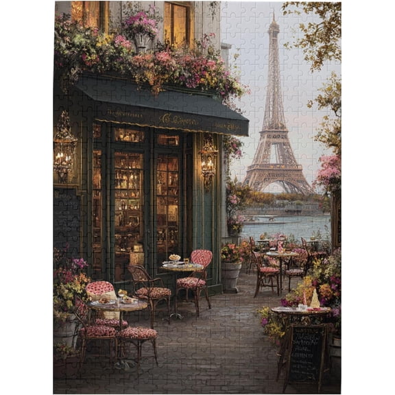 1000 Pieces Wooden Jigsaw Puzzle for Adults Romantic Pariss Cafe with Eiffel Tower View Vintage Outdoor Bistro Stress Relief Brain Teaser Home Decor Unique Gift for Adults Travel Lovers