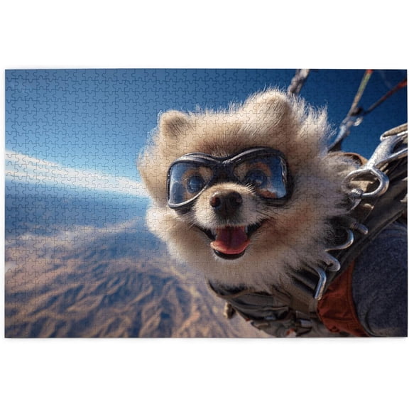 1000 Pieces Wooden Jigsaw Puzzle for Adults Skydiving Pomeranian Adventure Funny Dog Action Shot Stress Relief Brain Teaser Home Decor Unique Gift for Adults Pomeranian Lovers