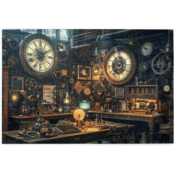 1000 Pieces Wooden Jigsaw Puzzle Adults Steampunk Clock Vintage Gears and Mechanical Workshop with Time Travel Aesthetic Stress Relief Brain Teaser Home Decor Unique Gift Adults Steampunk Lovers