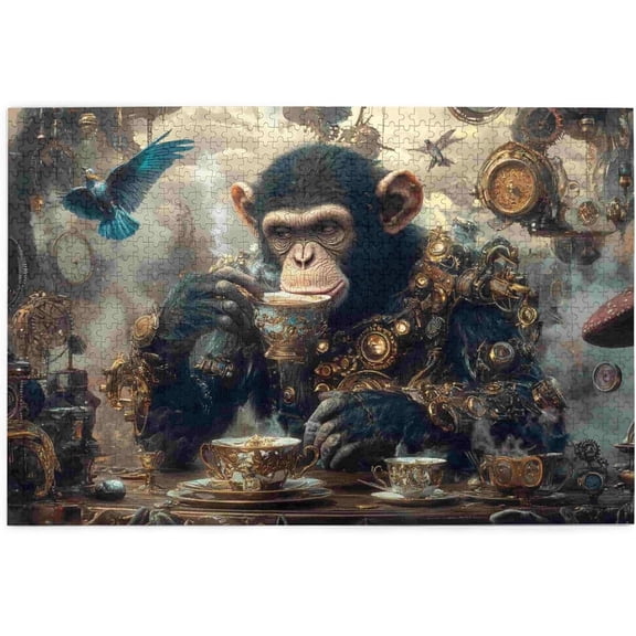 1000 Pieces Wooden Jigsaw Puzzle Adults Steampunk Monkey Fantasy Chimpanzee Drinking Tea with Mechanical Details Artistic Stress Relief Brain Teaser Home Decor Unique Gift Adults Steampunk Lovers