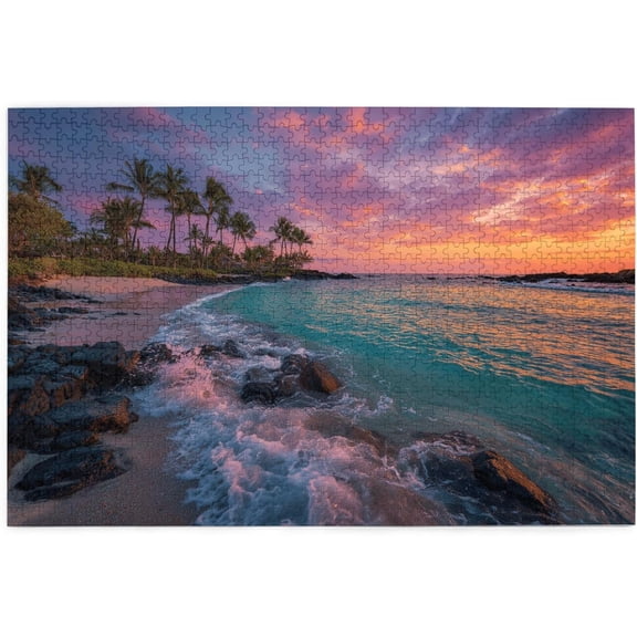 1000 Pieces Wooden Jigsaw Puzzle for Adults Tropical Sunset Coast Vibrant Beach Scene with Palm Trees and Waves Stress Relief Brain Teaser Home Decor Unique Gift for Adults Beach Lovers