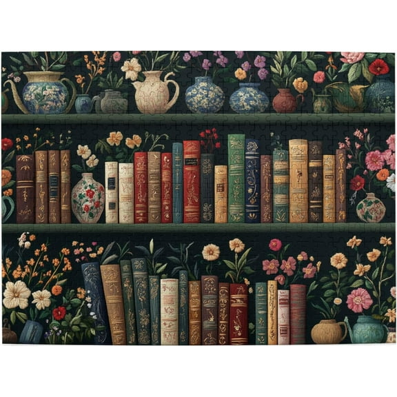 1000 Pieces Wooden Jigsaw Puzzle for Adults Vintage Bookshelf with Flowers and Vases Aesthetic Botanical Library Stress Relief Brain Teaser Home Decor Unique Gift for Adults Book Lovers