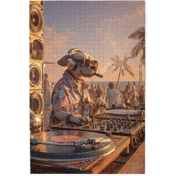 1000 Pieces Wooden Jigsaw Puzzle Beach DJ Dog Funky Pup Spinning Vinyl in Tropical Sunset Party Scene Stress Relief Brain Teaser Home Decor Unique Gift for Adults Dog Lovers Beach Lovers