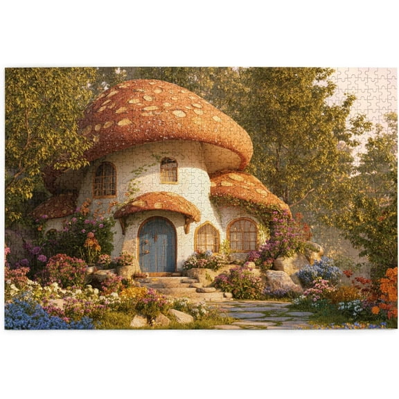 1000 Pieces Wooden Jigsaw Puzzle Charming Toadstool Cottage Fairy Tale House with Colorful Flowers Stress Relief Brain Teaser Home Decor Unique Gift for Adults Fantasy Lovers Home Decor Lovers