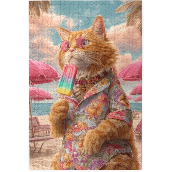 1000 Pieces Wooden Jigsaw Puzzle Cool Beach Cat with Popsicle and Sunglasses Tropical Summer Vacation Stress Relief Brain Teaser Home Decor Unique Gift for Adults Cat Lovers Beach Lovers