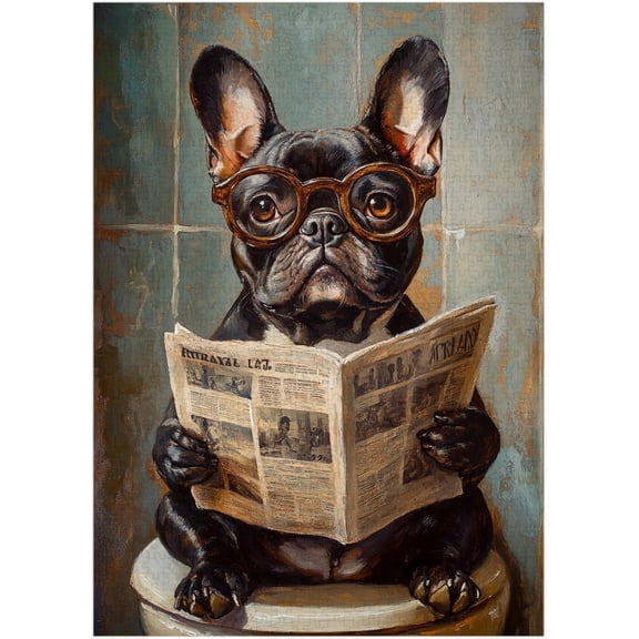 1000 Pieces Wooden Jigsaw Puzzle French Bulldog on Toilet Quirky Dog Reading Newspaper with Glasses Dog Bathroom Decor Stress Relief Brain Teaser Home Decor Unique Gift for Adults Dog Lovers