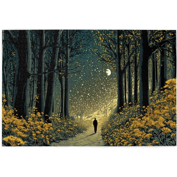 1000 Pieces Wooden Jigsaw Puzzle Magical Forest Under Starry Sky Fantasy Night Scene with Moon and Yellow Flowers Stress Relief Brain Teaser Home Decor Unique Gift Adults Fantasy Lovers Nature Lovers