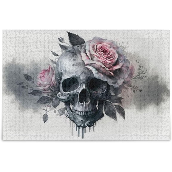 1000 Pieces Wooden Jigsaw Puzzle Skull with Pink Rose Paper Wood Composite with Storage Bag Reference Picture Easy to Solve Stress Relief Brain Teaser Home Decor Unique Gift for Adults Skull Lovers
