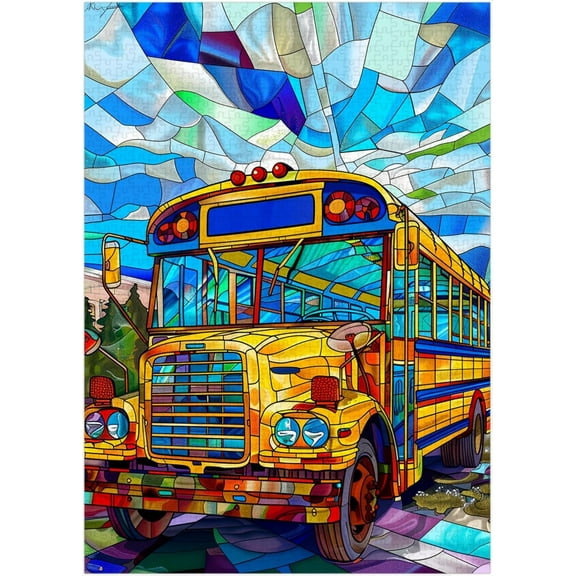 1000 Pieces Wooden Jigsaw Puzzle Stained Glass School Bus Stress Relief Brain Teaser Home Decor Unique Gift for Adults Family Leisure Activity Ideal For Relaxation Challenging Fun