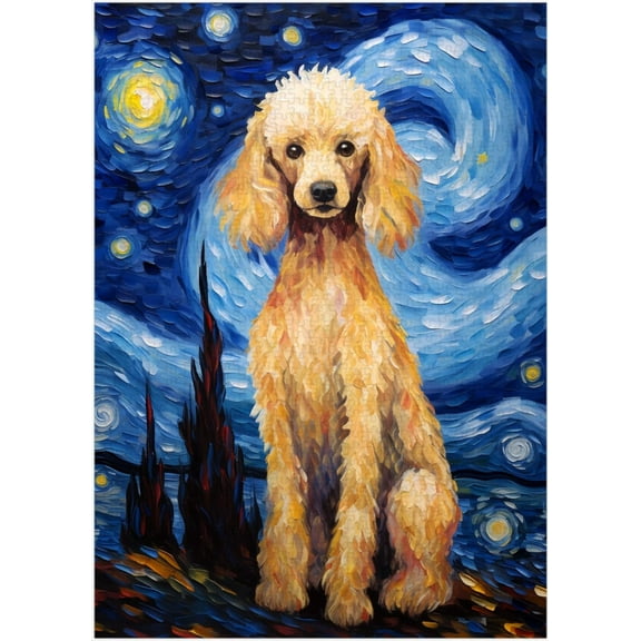 1000 Pieces Wooden Jigsaw Puzzle Starry Night Poodle Stress Relief Brain Teaser Home Decor Unique Gift for Adults Poodle Lovers Family Leisure Activity Ideal For Relaxation Challenging Fun