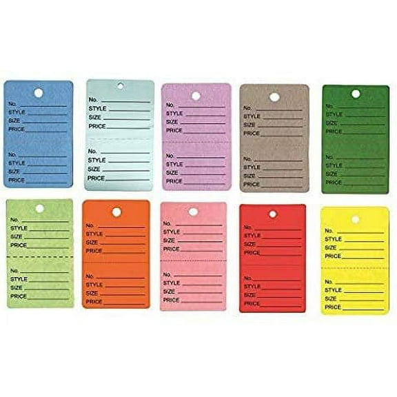 1000 Qty 1 1/4 x 1 7/8 32x47mm Assorted Unstrung Colored Price/Receipt Tags w/Easy-Tear Stub Consignment/Merchandise/Clothing/Jewelry/Laundry Service/Sales Number/Style/Size/Price