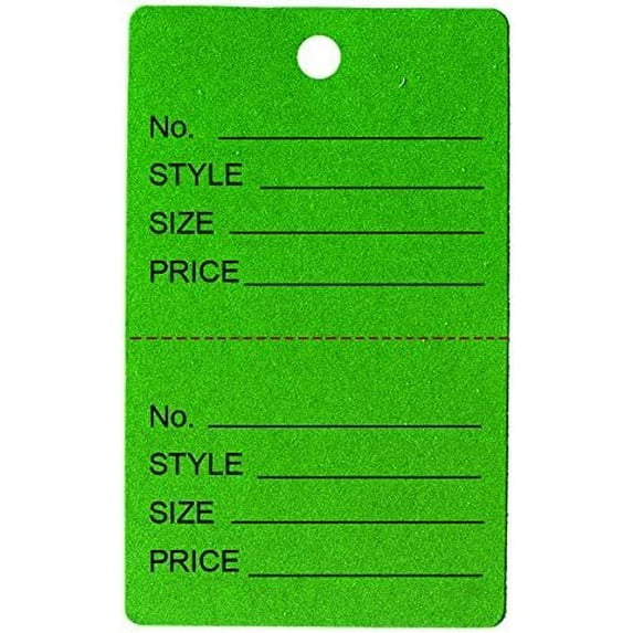 1000 Qty Unstrung Dark Green Price/Receipt Tags w/Easy-Tear Stub
