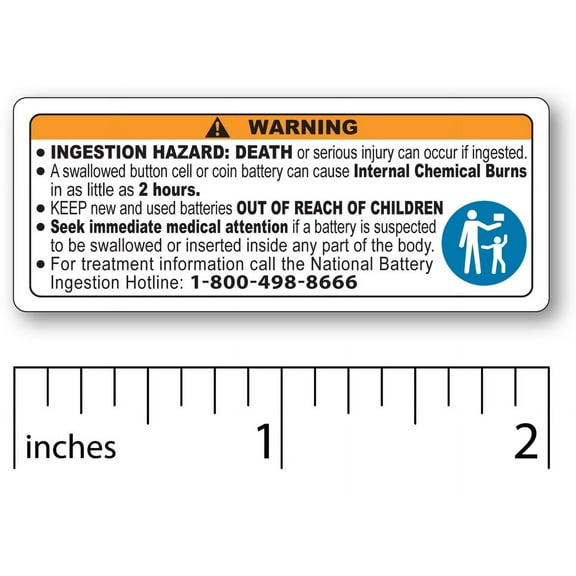 1000 Reeses Law Compliant Button Cell or Coin Battery Warning Stickers Small 2 x 0.8 Child Safety Ingestion Hazard Labels for Consumer Product Packaging Legible Text Oil-Proof Untearable Laminated