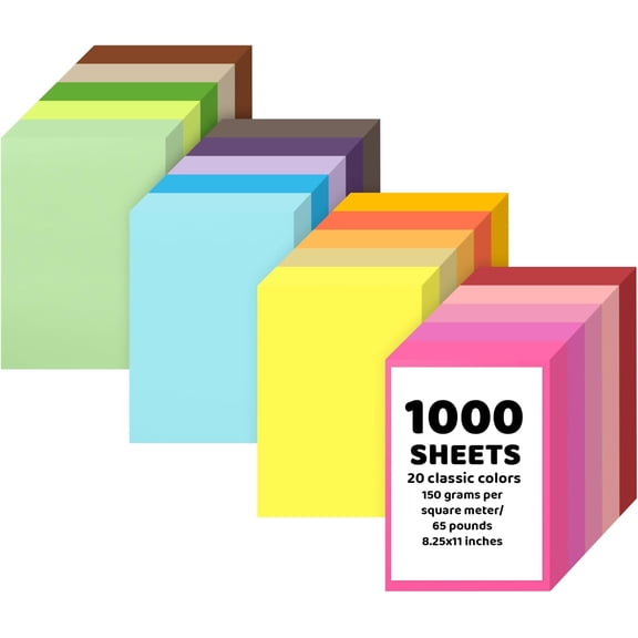 1000 Sheets 8.25" X 11" Colored Cardstock 20 Assorted classic Colors Construction Paper Card Stock Printer Paper for Printing, Card Making, DIY Crafts, School Supplies,Party Decorations (120GSM/65LB)