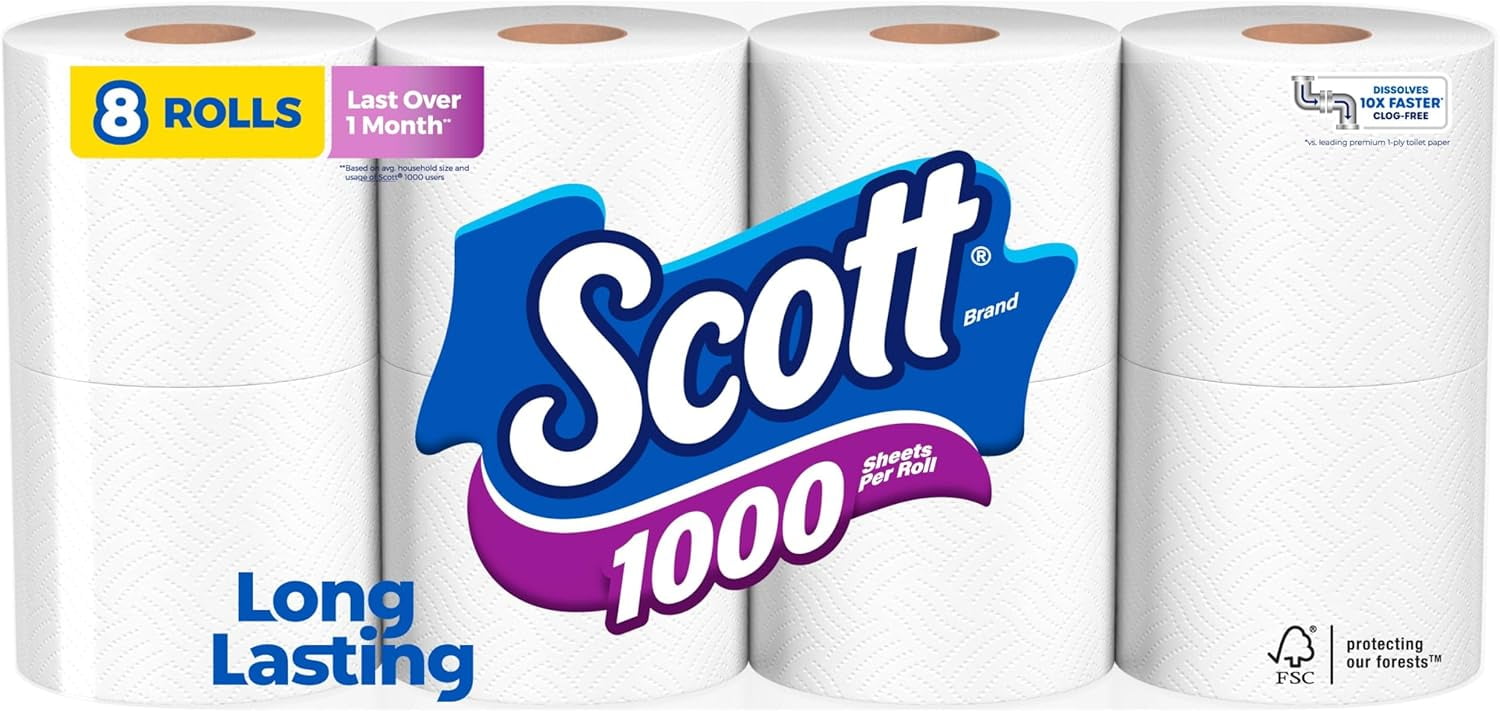 1000 Sheets Per Roll, 8 Rolls, Bath Tissue