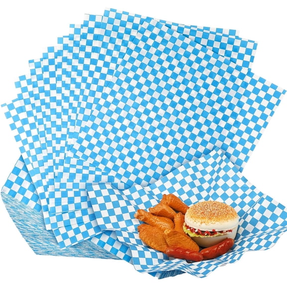 1000 Sheets Wax Deli Paper Sheets for Food 12 x 12 Inch Checkered Dry Waxed Deli Basket Liners for Sandwich Wrapping, Food Basket Liners, Picnic party(Blue-white)