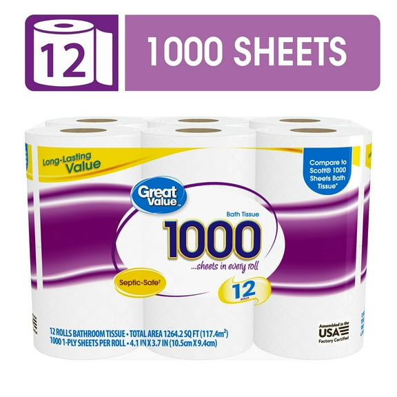 1000 Sheets per Roll Toilet Paper, 12 Rolls, Compare to Scott® 1000 Sheets Bath Tissue