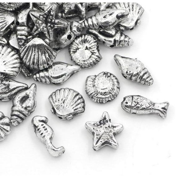 1000 Silver Acrylic Seashell and Fish Shapes Beads Assorted Sea Creatures 7 to 15mm or 1/4 x 5/8 Inch Diameter with 1mm Hole