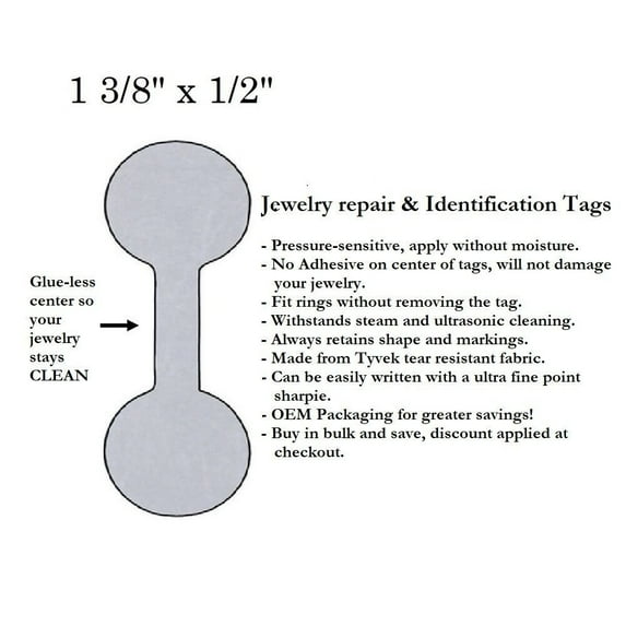 1000 Silver Tyvek Long Dumbell Jeweller Repair, Price and Identification Tags 1 3/8" x 1/2"