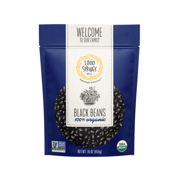 1000 Springs Mill - Organic Black Beans | Used for Soups, Salads, Chili, Dips or Various Breakfast Dishes | Bulk Dry Black Beans | Resealable Bag | Vegan Friendly | 16oz (Pack of 4)