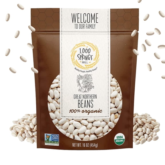 1000 Springs Mill - Organic Great Northern Beans | Used for Salads, Soups, Stews, Casseroles, Chili, and more | Bulk Dry White Beans | Resealable Bag | Vegan Friendly | 16oz (Pack of 1)